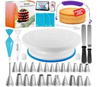 RFAQK Kit de 64 piezas de suministros de decoración de pasteles con plato giratorio para tartas, nivelador de pasteles, 24 puntas numeradas con gráfico de patrones y libro electrónico, espátula recta