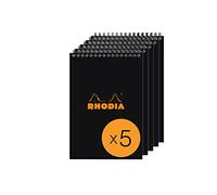 RHODIA 165009C - Bloc-Notes à Spirale (Reliure Intégrale) Noir - A5 - Petits Carreaux - 80 Feuilles Détachables - Papier Clairefontaine 80G - Couverture en Carte Enduite - Paquet de 5 blocs