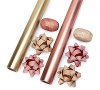 Ribbli Juego de papel de regalo de Navidad, 2 rollos de papel de color sólido mate metálico dorado rosa con cinta rizadora y lazo de regalo para cumpleaños, Navidad, mini rollo de 17 x 197 pulgadas