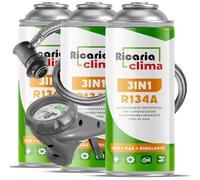 Ricaria Clima - 3-en-1 R134a: Refrigerante de Recambio R134a + Manguera para Aire Acondicionado con aditivo sellador y Aceite - Botella de Gas 3 x 235 g - Aire Acondicionado para autocaravanas - Eco