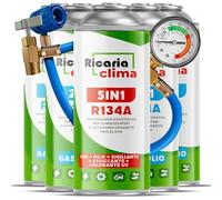 Ricaria Clima 5 en 1 + 4 recargas de Aire Acondicionado para Coche sustituto R134a de 235 g con Aceite, sellador de Fugas, trazador UV y deshidratante + Manguera - Protege el compresor