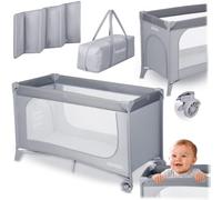 Ricokids Cuna de Viaje para niños pequeños, portátil, Parque, 125 x 65 x 78 cm, Capacidad de Carga de 15 kg, Plegable, Dos Ruedas con Frenos, Entrada Lateral extraíble, colchón, Bolso, Gris