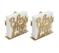 Ricomboo Paquete de 2 servilleteros Bless This Home para mesa, modernos servilleteros de metal dorado para cocina, mesas de comedor y encimeras, dispensador de servilletas de cóctel de papel para