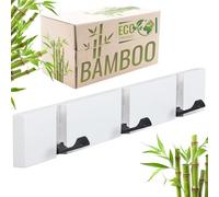 RICOO Colgador de Pared Bambú y Acero Elegante y Espacioso MH023S-W Percha Pared Perfecto para Habitaciones y Entradas - Barra con 3 Ganchos 2x30x5,5 cm Blanco