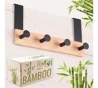 RICOO Perchero de Puerta con 4 Ganchos MH029N-4, Montaje Sin Perforaciones 25x13x6,6cm Diseño Elegante en Color natural Ideal para Baños Dormitorios y Cocinas Bambú y Acero 1 pieza