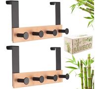 RICOO Perchero de Puerta con 4 Ganchos MH029N-4x2, Montaje Sin Perforaciones 25x13x6,6cm Diseño Elegante en Color natural Ideal para Baños Dormitorios y Cocinas Bambú y Acero 2 piezas