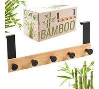 RICOO Perchero de Puerta con 5 Ganchos MH029N-5, Montaje Sin Perforaciones 32x13x6,6cm Diseño Elegante en Color natural Ideal para Baños Dormitorios y Cocinas Bambú y Acero 1 pieza