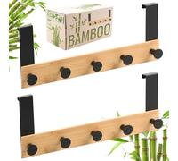 RICOO Perchero de Puerta con 5 Ganchos MH029N-5x2, Montaje Sin Perforaciones 32x13x6,6cm Diseño Elegante en Color natural Ideal para Baños Dormitorios y Cocinas Bambú y Acero 2 piezas