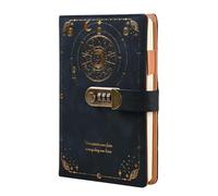 Rieoany Diario Secreto Niña Niño con PU, A5 Vintage Diario con Contraseña, Journal con Portabolígrafos y Ranura para Tarjetas, Journaling Notebook con Candado, Negro