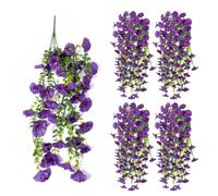 Rieoany Plantas Artificiales Decorativas - 4 Flores Artificiales Decoración Colgante: Enredaderas UV 75cm, Flores Desmontables para Exterior (4 morados)