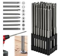 Rierousy Juego de 32 puntas de destornillador de 150 mm de largo, acero S2, magnético, hexagonal de 1/4", Torx, Phillips, Allen, planas, dobles, de seguridad, con soporte organizador, para taladro