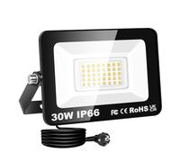 RIGIDON focos led exterior & interior con enchufe, 1x 30W 3000lm 3000K | blanco cálido, seguridad, proyector, Iluminacion, para jardín patio plaza garaje terraza estadio trabajo, IP66 impermeable