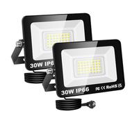RIGIDON focos led exterior & interior con enchufe, 2x 30W 3000lm 6000K | blanco frío, seguridad, proyector led, Iluminacion, para jardín patio plaza garaje terraza estadio trabajo, IP66 impermeable