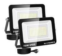 RIGIDON focos led exterior & interior con enchufe, 2x 75W 7500lm 6000K | blanco frío, seguridad, proyector led, Iluminacion, para jardín patio plaza garaje terraza estadio trabajo, IP66 impermeable