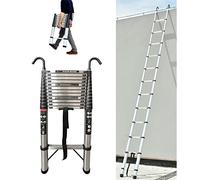 Rigogo Escalera telescópica de 4,4 m con 2 ganchos, 14 peldaños, escalera extensible de acero inoxidable, escalera extensible portátil, antideslizante, multiusos, 150 kg de capacidad de carga, EN131