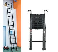 Rigogo Escalera telescópica extensible de 3,8 m con 2 ganchos, escalera robusta de aluminio para desván, escalera multiusos con 13 peldaños, capacidad de carga 150 kg, EN131, negro