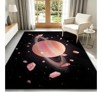 Ringed Planet - Alfombra para dormitorio, 100 x 160 cm, alfombra para sala de estar, alfombra de ciencia ficción con cielo estrellado, lavable, alfombra antideslizante y de pelo bajo para sala de
