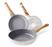 RIOVARM Cerámica Antiadherente Inducción Juego de sartenes 20cm 24cm 28cm con asas de baquelita imitación madera Saludable Batería de cocina sin PFOS, PFOA, PTFE Hueveras Sartenes para tortillas