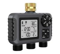 Risveglio Temporizador de agua de 3 salidas de entrada de latón, controlador automático de aspersor con retardo de lluvia, jardín, césped, patio, riego, color gris