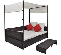 RJPLMFV Cama de jardín para 2 personas, 190 x 130 cm, color marrón | Ratán sintético impermeable, marco de acero, mesa de té extraíble, dosel ajustable, 3 cojines de asiento