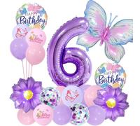 RNHDLY 20 piezas decoración de cumpleaños mariposa niña (número 6) | Globos de plástico para decoración de cumpleaños, diseño de mariposas, decoración para fiestas y festivales