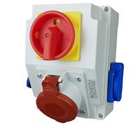 RoadEu - Toma de pared combinada 16A 5P con 2x Schuko 230V y interruptor principal 0-1 con bloqueo. Ideal como distribuidor de pared para talleres, cobertizos o jardines