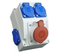RoadEu - Toma de pared combinada CEE 16A 5P con 4 enchufes Schuko 230V. Distribuidor de corriente con protección IP44. Ideal para uso en talleres, obras y exteriores.