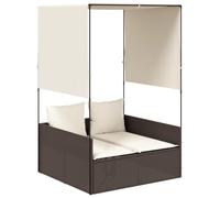 Roanoer Tumbona doble con techo y cortinas, marrón de polirratán | Acogedora cama exterior para jardín y patio, incluye acolchado suave y juego de cortinas ajustables.