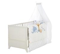 roba Conjunto Completo de Cuna Savanna Friends - Cuna para bebé 70 x 140 cm de Madera In olchón Ropa de Cama Dosel y Barra de Dosel - Evolutiva Desde 6 Meses - Gris Natural
