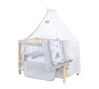 roba Cuna Adosada para Bebé Jumbotwins, 60 x 120 cm, Cuna Colecho Ajustable en Altura, con Colchón, Ropa de Cama y Dosel, 4 Ruedas con Freno, Madera Natural, Gris
