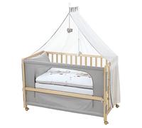 roba Cuna Colecho 60 x120 cm + Textiles Completos en Diseño de Elefante Jumbotwins - Colchón, Dosel y Ropa de Cama Infantil Incluidos - Madera Natural