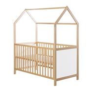 roba Cuna de Bebé en Forma de Casa 70 x 140 cm - Certificación FSC - Cama Infantil Altura Ajustable - Convertible en Cama Juvenil - Madera Bicolor