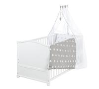 roba Cuna Evolutiva para Bebés Little Stars - 70 x 140 cm - Juego de Cama Completa - Ropa de Cuna + Dosel + Colchón - Altura Ajustable - Convertible - Madera Blanca