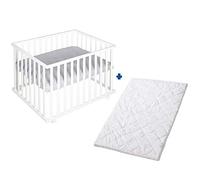 roba Parque Infantil 75 x 100 cm + Colchón y Alfombra de Corralito roba Style Gris, Altura Ajustable, Ruedas con Frenos, Madera Blanca