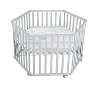 roba Parque Infantil Hexagonal + Colchón de Corralito Estampada con Elefantes de Ensueño - Altura Ajustable - 6 Ruedas con Frenos - Madera Gris