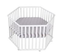 roba Parque Infantil Hexagonal, Corralito de Juegos para Bebés + Alfombra Style Gris, Altura Ajustable, Móvil con Ruedas, Madera Blanca