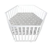 roba Parque Infantil Hexagonal - Corralito para Niños con Colchoneta Little Stars - Motivos de Estrellas - Ajustable en Altura - Móvil con Ruedas - Madera Blanca
