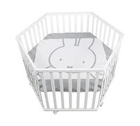 roba Parque Infantil Hexagonal miffy + Colchoneta con Motivo de Conejito y Ruedas con Freno - Base Ajustable en Altura - Madera Blanca