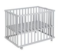 roba Parque Infantil Plegable, 75 x 100 cm, Corralito para Bebés Plegable y Ahorrador de Espacio para Bebés, Móvil con Ruedas, Altura Ajustable, Madera Gris