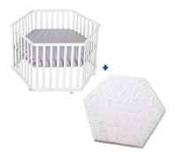 roba Set Parque Infantil Hexagonal + Colchón, Conjunto Completo de Corralito con Alfombra roba Style Gris, Altura Ajustable, Madera Blanca