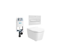 ROCA ROUND Pack de inodoro suspendido Rimless 48 cm de fondo salida horizontal con tapa placa pulsadora y cisterna - Blanco