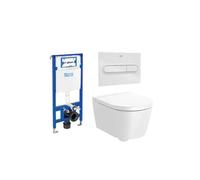 ROCA ROUND Pack de inodoro suspendido Rimless 48 cm de fondo salida horizontal tapa amortiguada cisterna placa pulsadora - Cromado