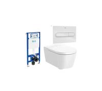 ROCA ROUND Pack de inodoro suspendido Rimless salida horizontal con tapa amortiguada cisterna placa pulsadora - Blanco