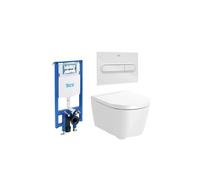 ROCA ROUND Pack inodoro suspendido Rimless 48 cm de fondo salida horizontal tapa amortiguada cisterna y placa pulsadora - Blanco
