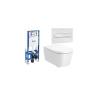 ROCA ROUND Pack inodoro suspendido Rimless 56 cm de fondo de salida horizontal con tapa cisterna y placa pulsadora - Blanco