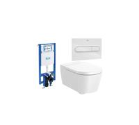 ROCA ROUND Pack inodoro suspendido Rimless salida horizontal tapa amortiguada cisterna placa pulsadora - Blanco