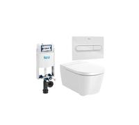 ROCA ROUND Pack inodoro suspendido Rimless salida horizontal tapa amortiguada cisterna y placa pulsadora - Cromado