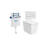 ROCA SQUARE Pack inodoro adosado a pared Rimless salida dual tapa amortiguada placa pulsadora y cisterna - CODO EVACUACIÓN S/DUAL / Cromado