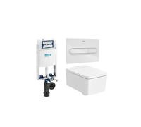 ROCA SQUARE Pack inodoro suspendido Rimless con placa pulsadora tapa y cisterna salida horizontal - Blanco