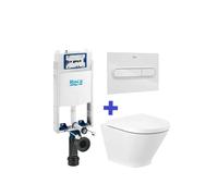 Roca The Gap Round Pack de inodoro compacto Rimless y cisterna compacta empotrable doble descarga Basic WC One Compact - Asiento con tapa con amortiguador bisagras INOX / Cromado